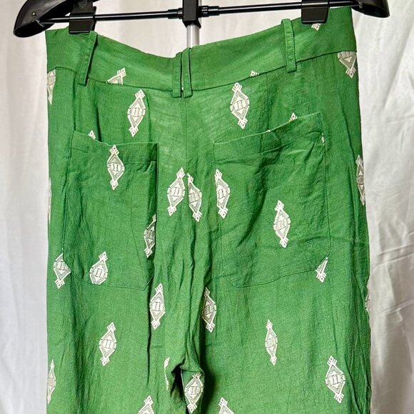 Zara | Green Embroidered Linen Pants | Size L - Picture 6 of 7